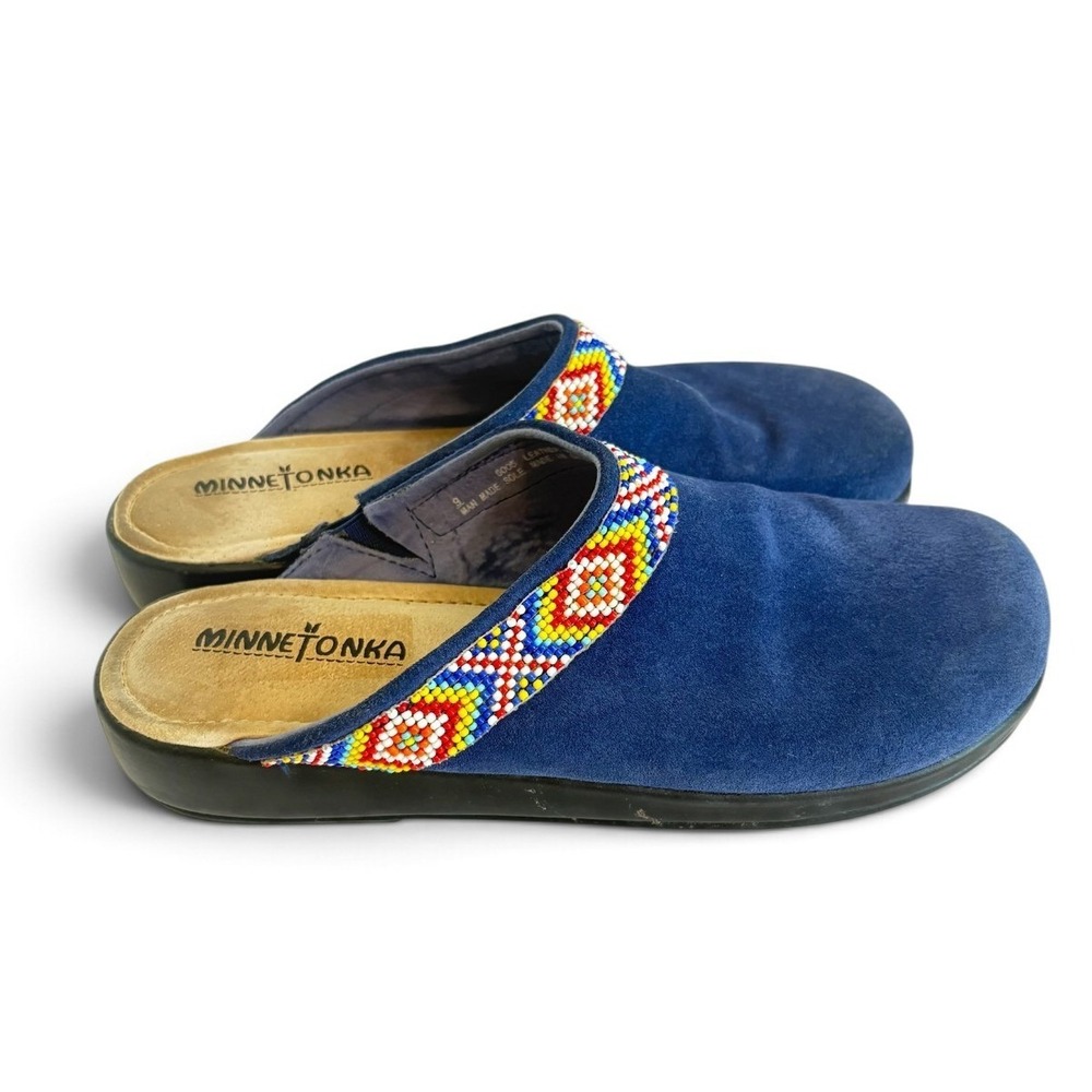 Minnetonka Blue Suede Beaded Clog Mules Womens 9 Southwestern 6005 Slip On Shoes